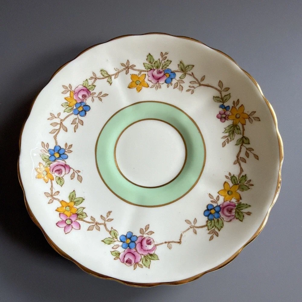 Vintage 1940s Plant Tuscan English Bone China Tea Cup & Saucer Floral Green Gold